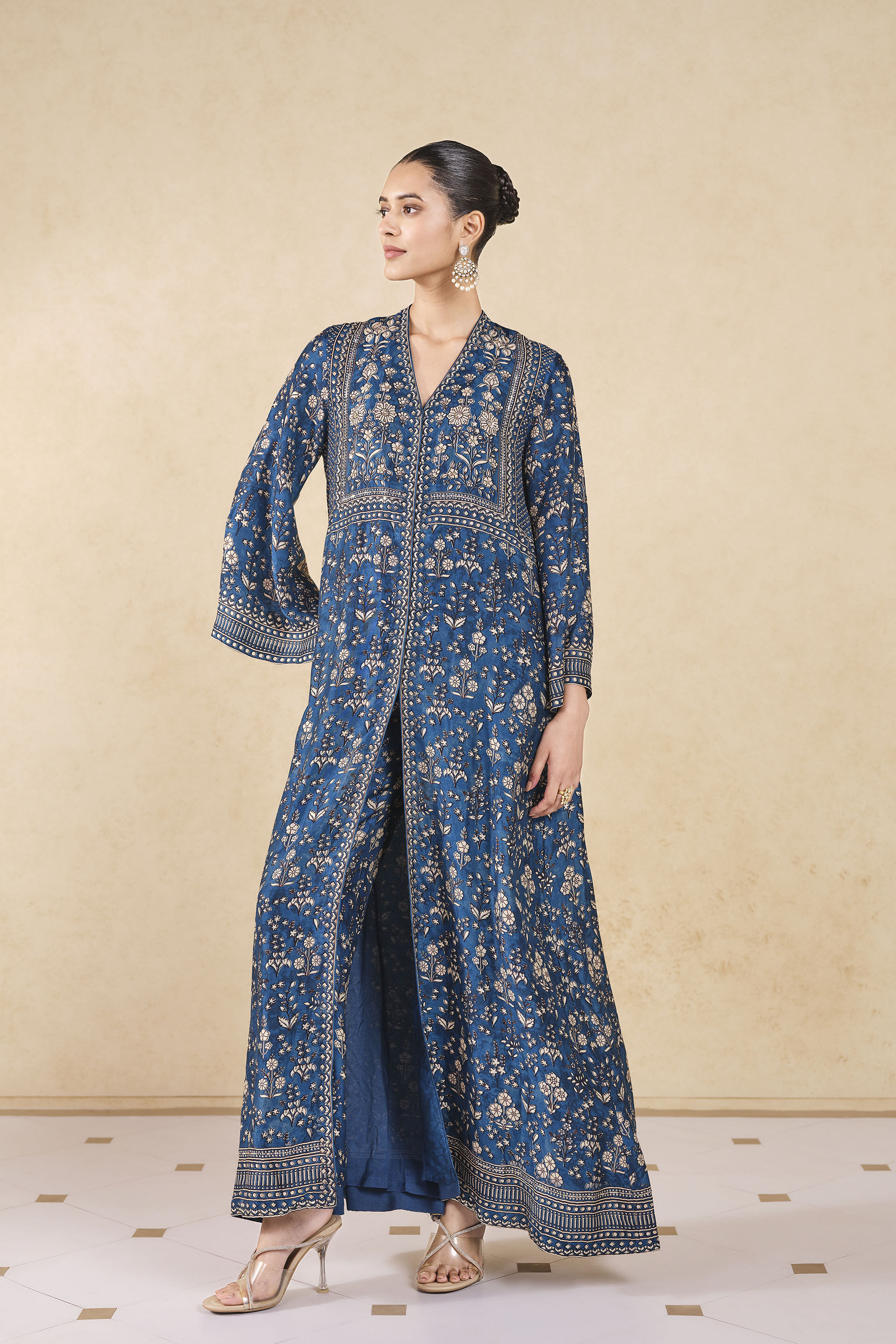 Buy Designer Niral Printed Silk Jacket Set Blue Online from Anita Dongre